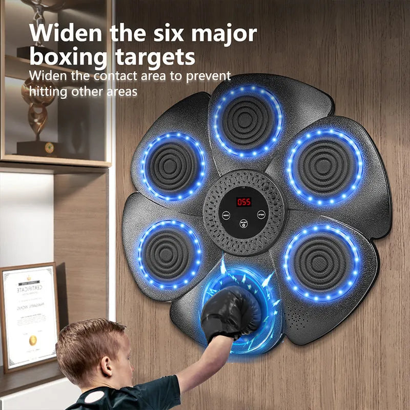 Black smart boxing machine wall target with LED lights and half finger boxing gloves for indoor training
