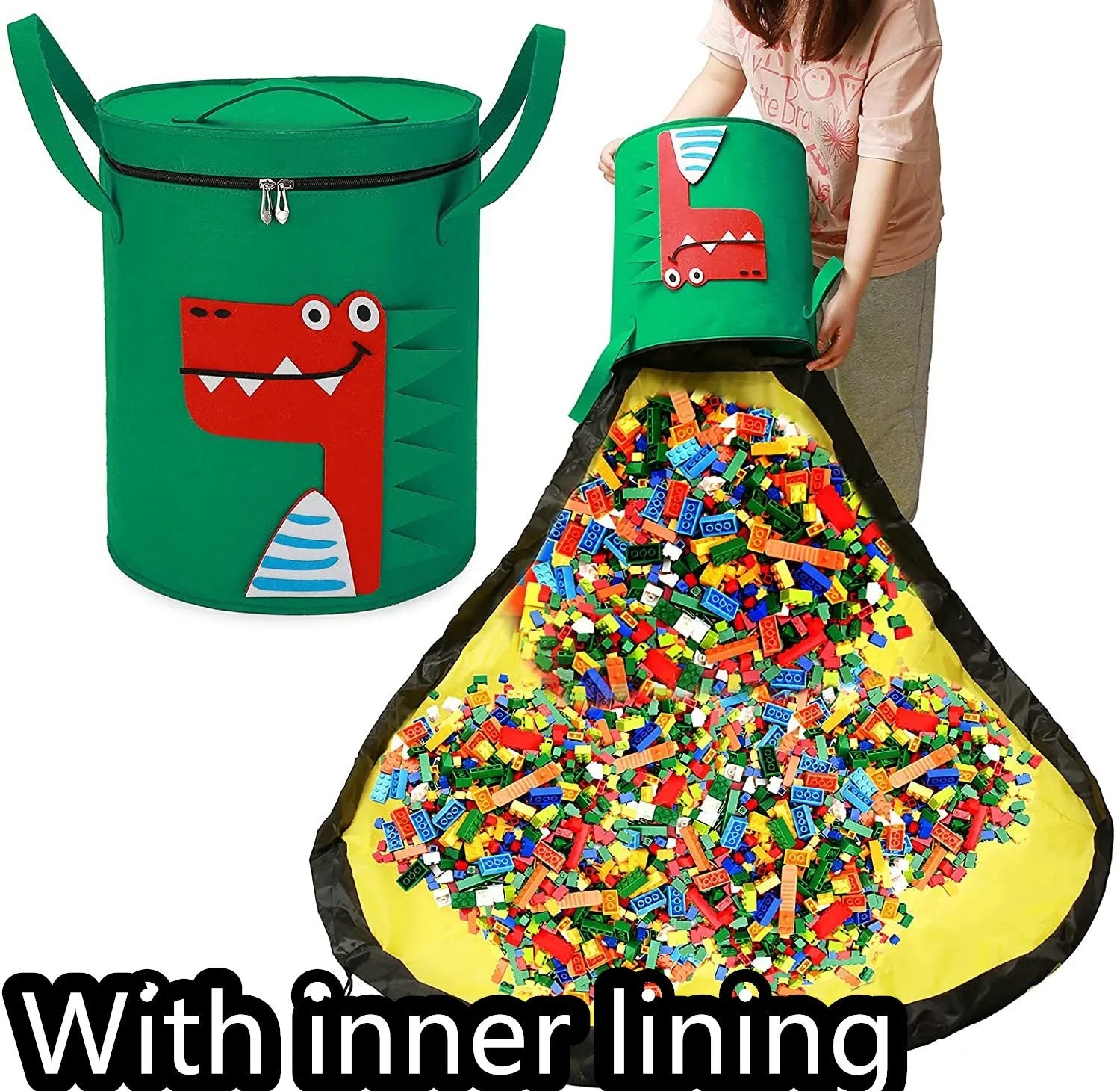 Green felt cube storage bag with pull rope laid flat as play mat for toy organisation