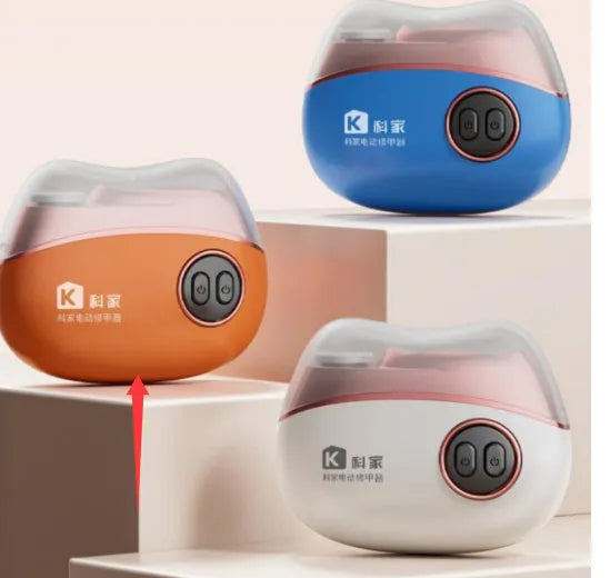 Blue electric nail clipper and automatic nail polish two-in-one tool with Type-C charging port.
