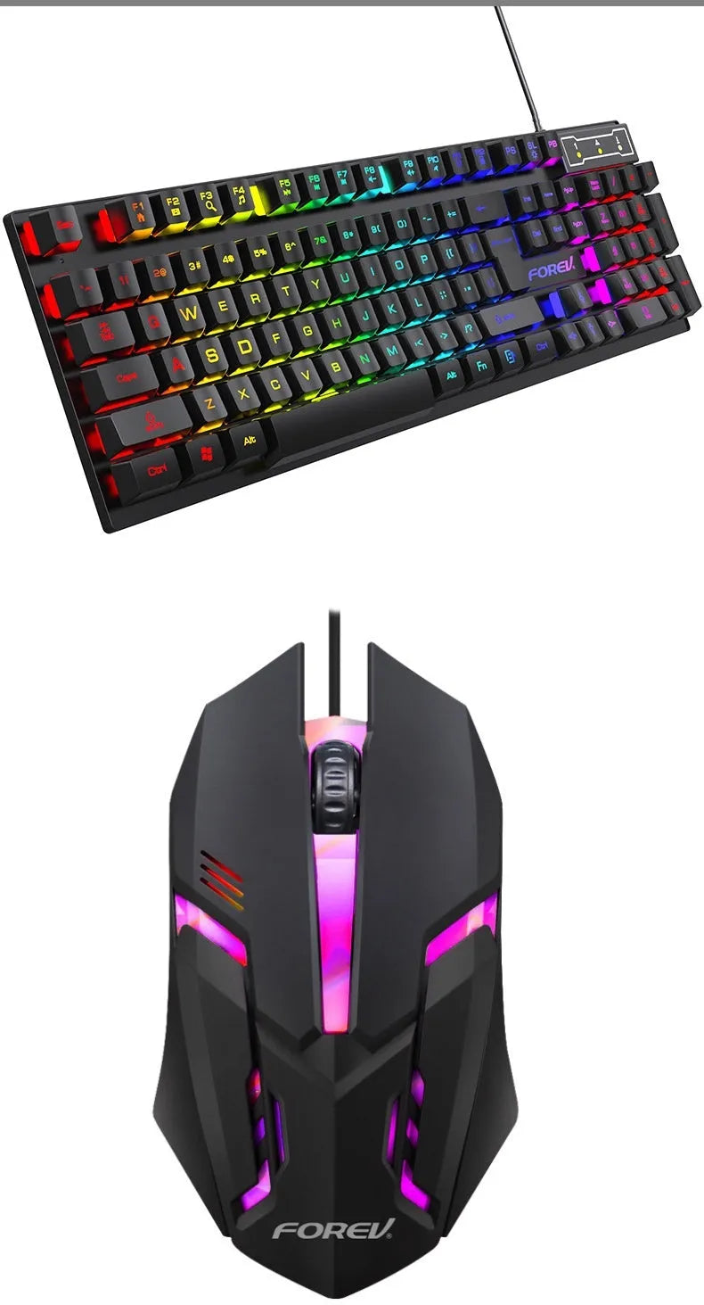 Black 104-key backlit gaming keyboard and mouse with compact 37.5cm width design