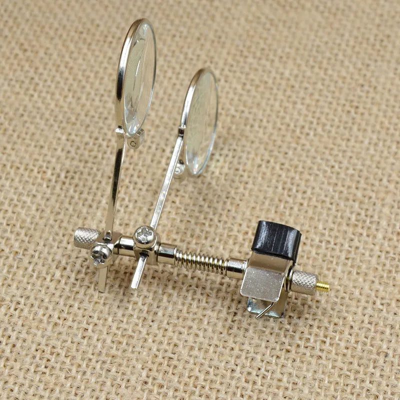 Reading glass mirror double clip accessory with metal bracket and glass lenses for hands-free magnification