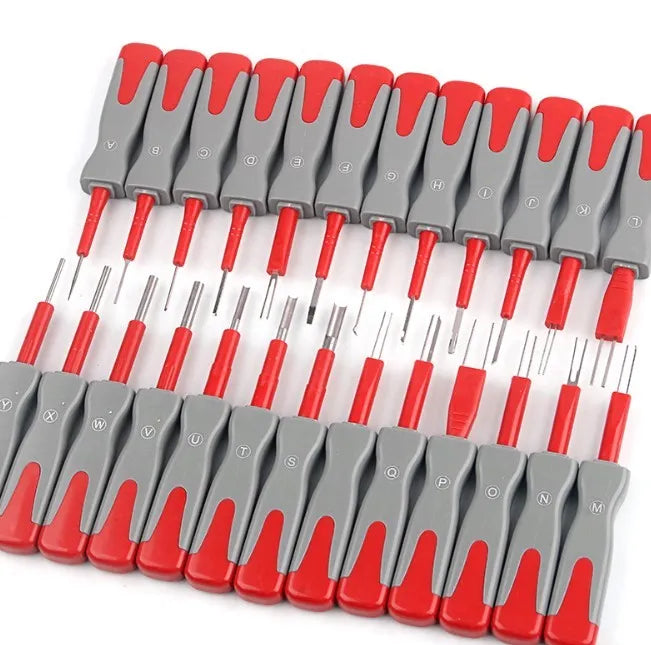 25-piece car terminal removal tool set with coloured keys in a black storage case for wire harness disassembly.