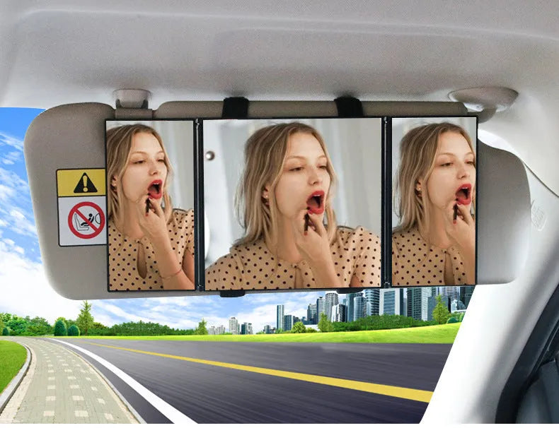 Silver car folding makeup mirror shown both closed at 15.5cm and open at 30.5cm width
