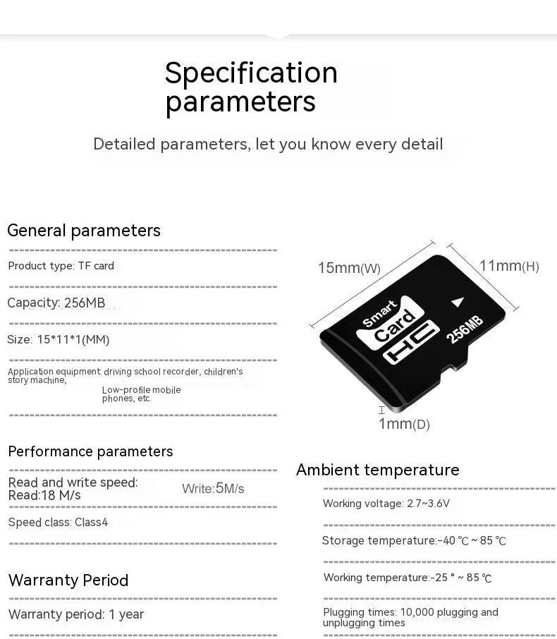 A single 256MB TF series memory card with dimensions 11mm by 15mm by 1mm.