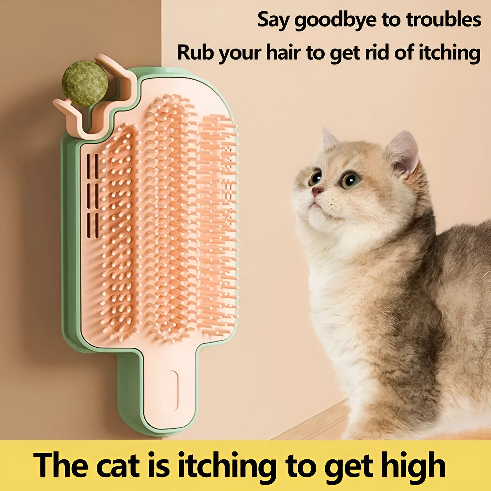 Ice cream shaped cat grooming toy with textured rubbing surface, mint ball and feather attachments