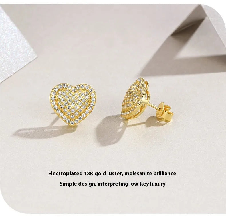 S925 silver moissanite heart stud earrings with gold finish, simple design