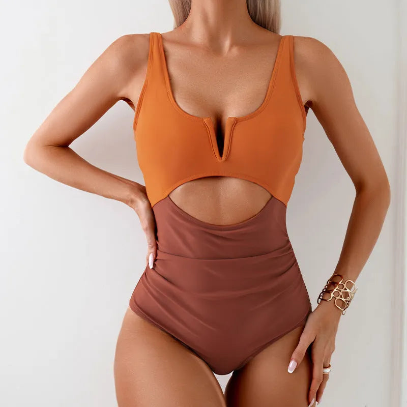 Women's green and black colour contrast one-piece nylon swimsuit