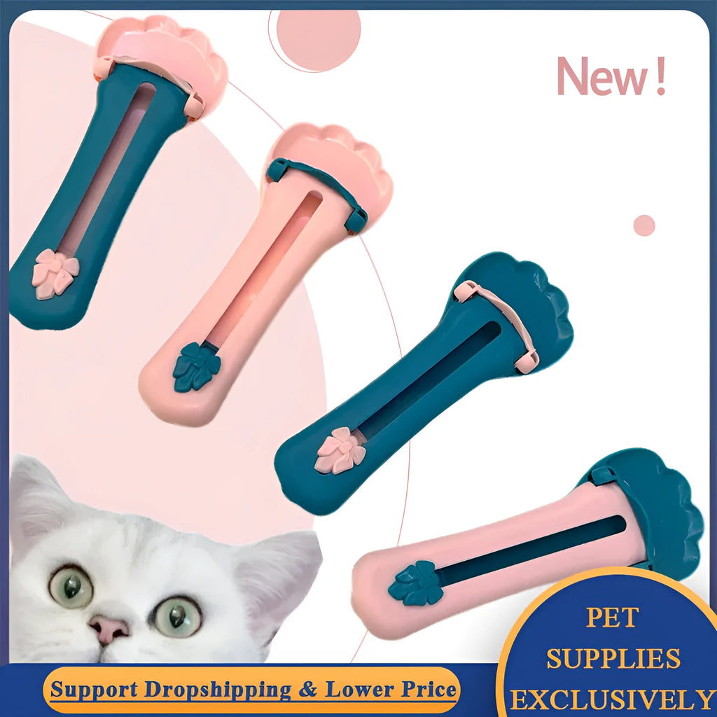 Pet food scoop dispenser with long silicone tubing and a set of five coloured nozzle heads on a green background.