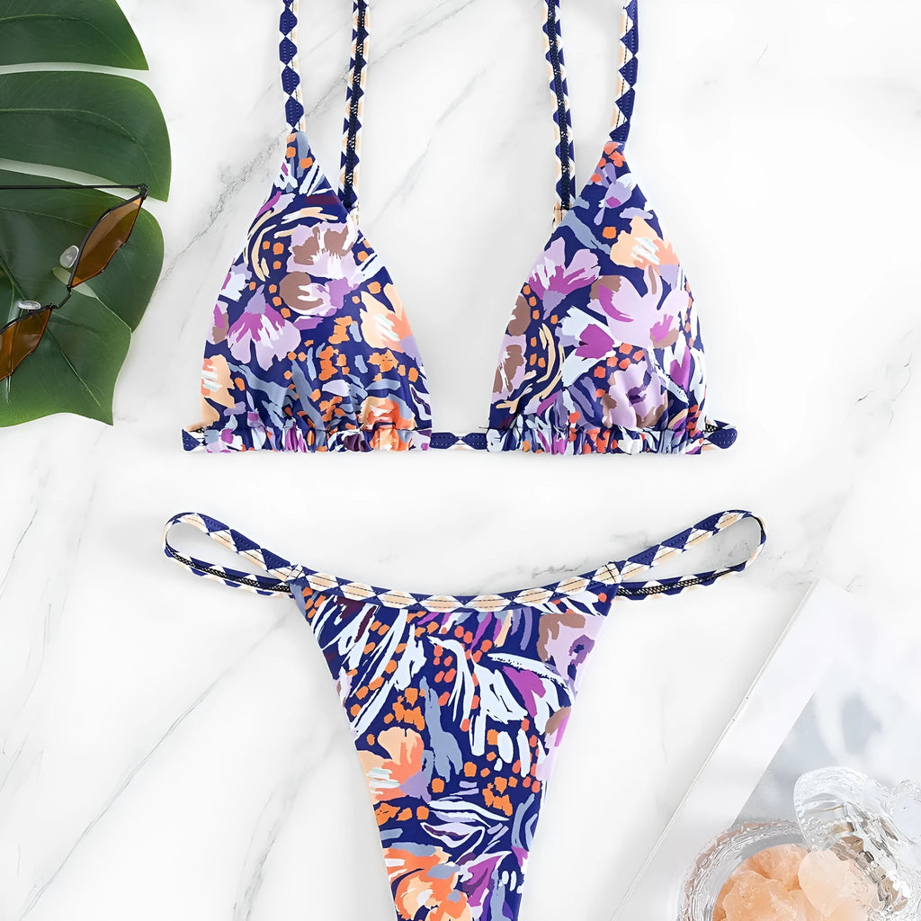 Women's floral print polyester swimsuit with triangle top and matching briefs