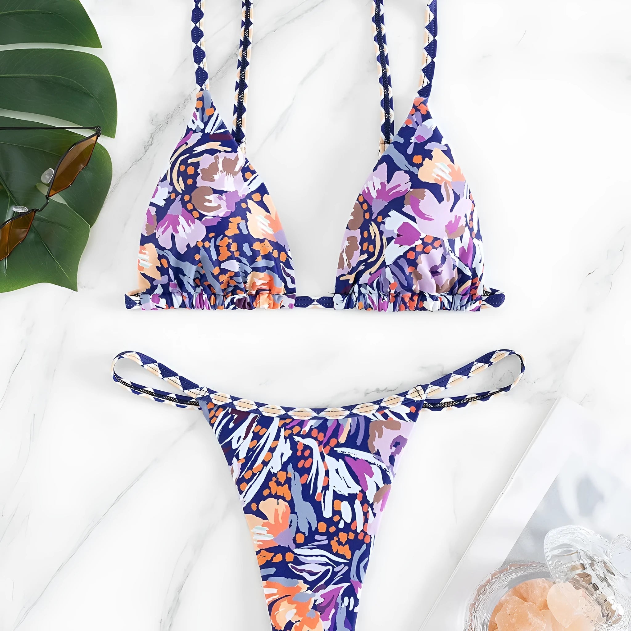 Women's floral print polyester swimsuit with triangle top and matching briefs