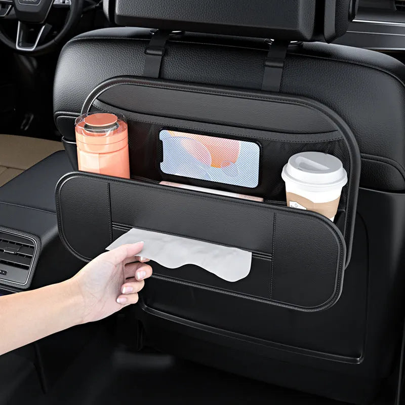 Black genuine leather car seat back storage bag with compartments