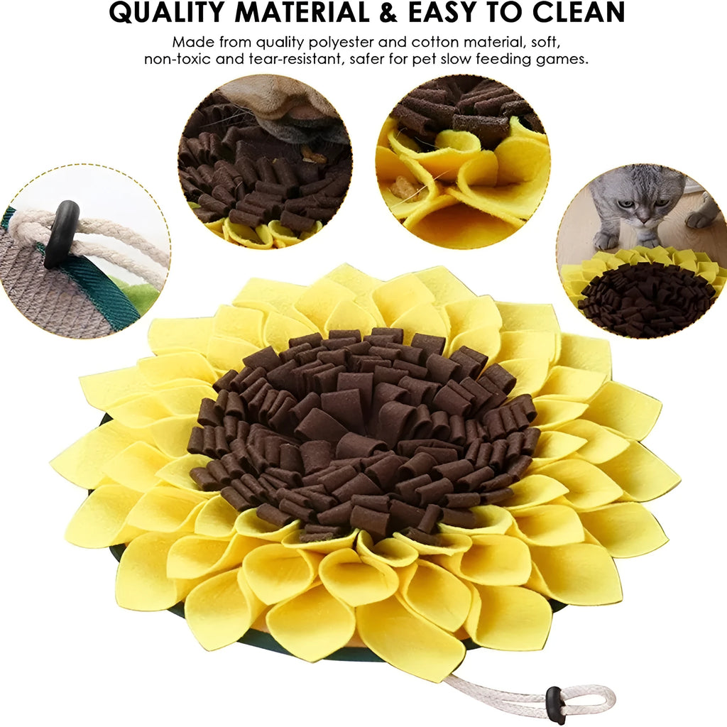 Yellow sunflower-shaped dog snuffle mat with fleece texture and a buckle strap for non-slip use.