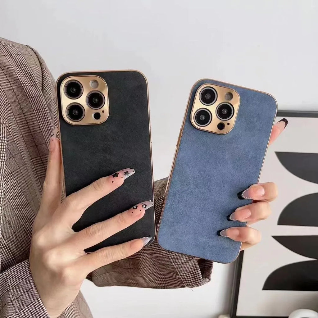 Leather texture TPU phone case for iPhone in grey, black, blue, and grey-green colours.