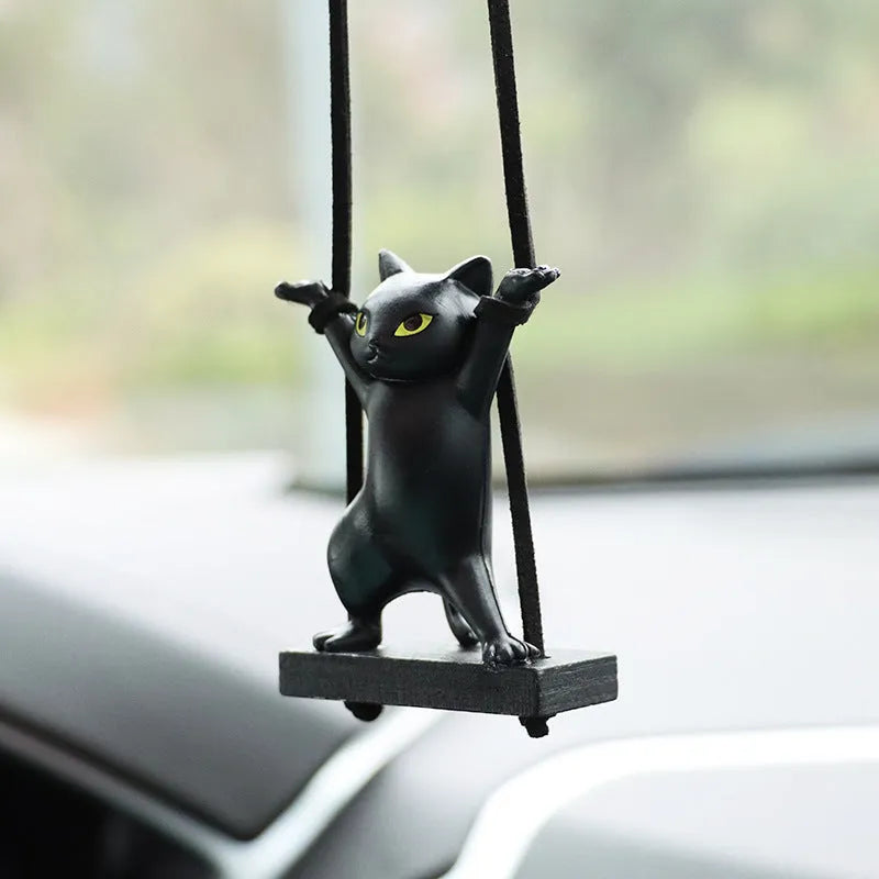Cartoon-style resin cat pendant for car interior with adjustable rope in multiple colour options