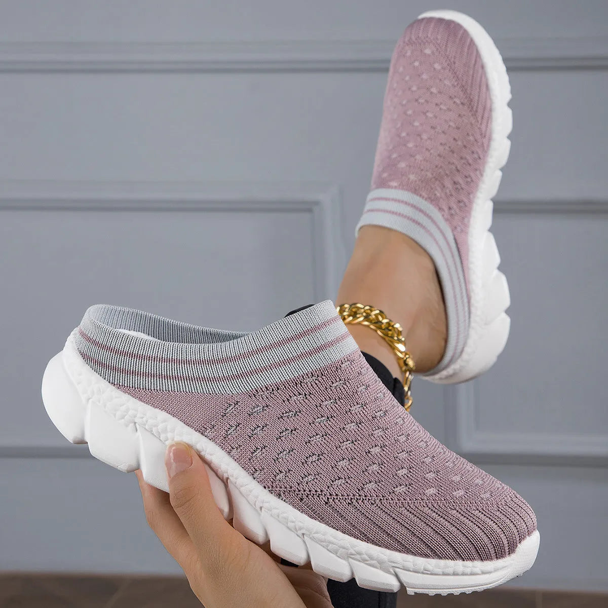 Women's striped Flyknit slipper shoes with hollowed-out design in black, pink and purple colour options