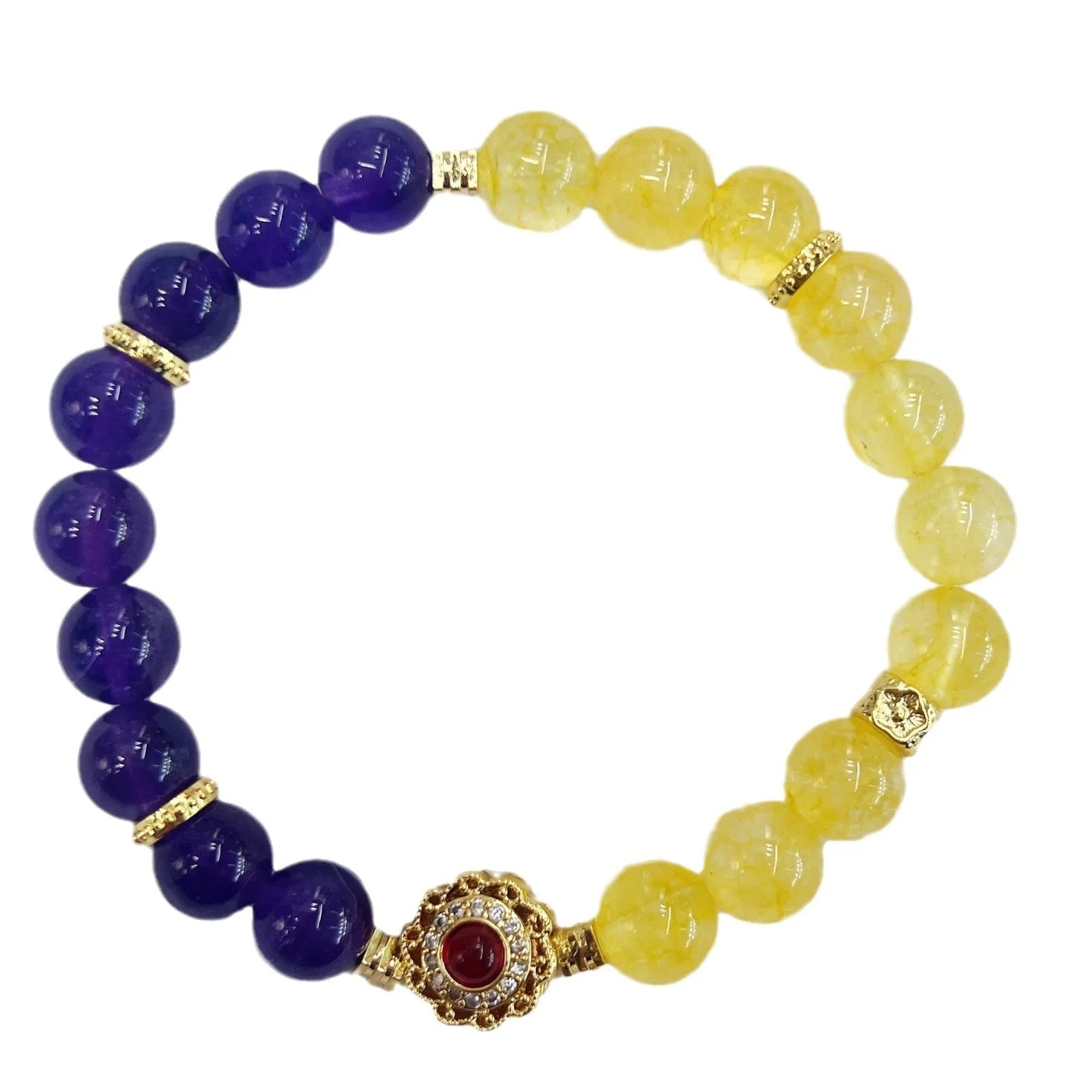 Handmade women's amethyst crystal bracelet with yellow and purple beads