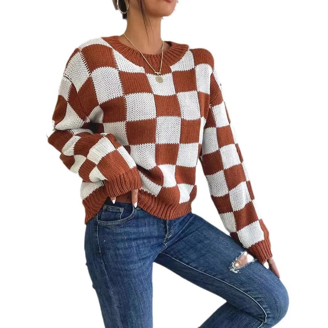 Dark brown plaid loose round neck pullover sweater with long sleeves