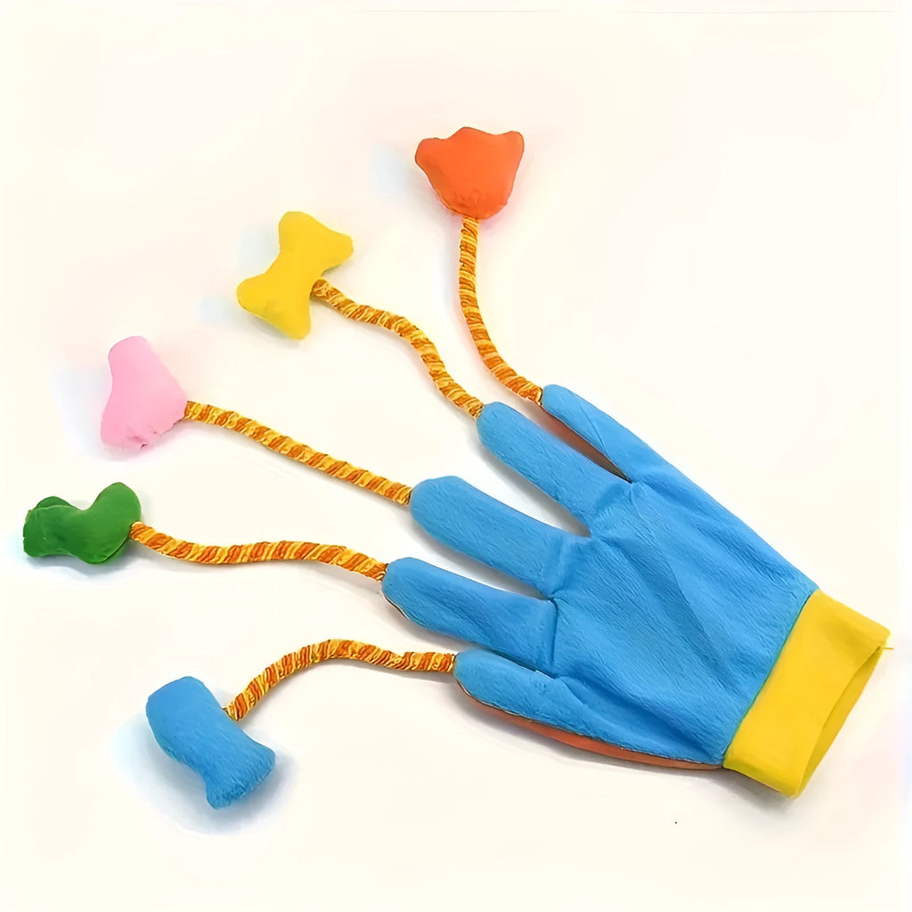 Yellow and blue plush cat toy glove with integrated bell trailer measuring 40cm long