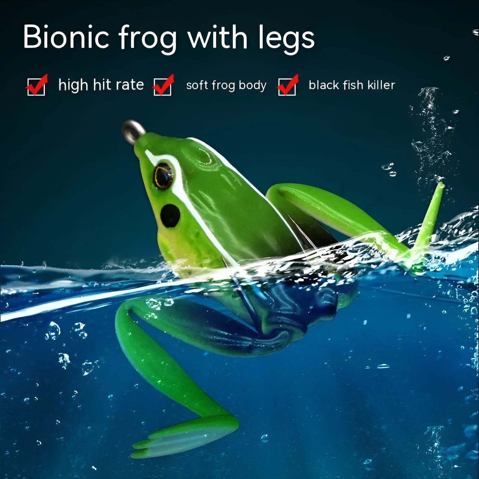 Bionic frog snake head fishing lure with double hooks in grass green and black/yellow dots colour options