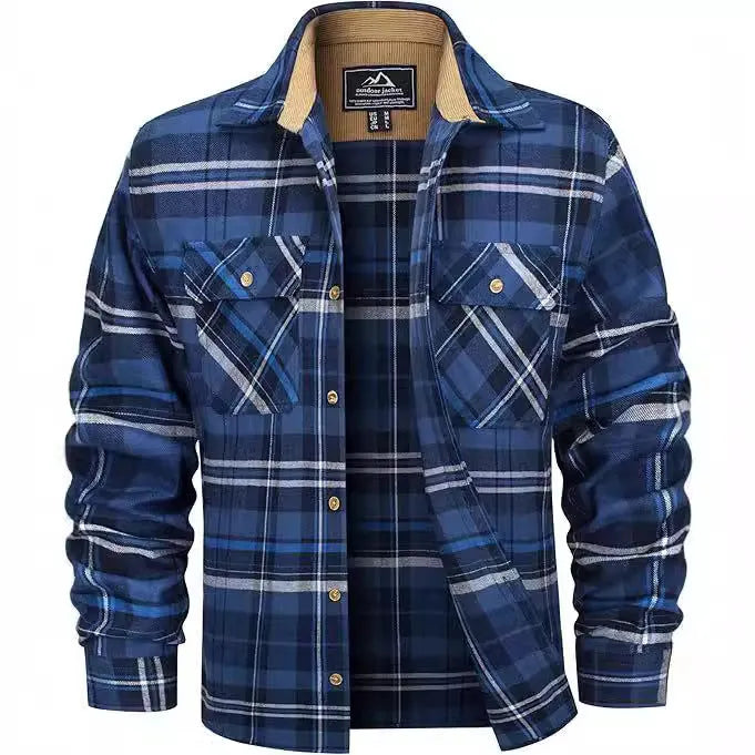 Men's winter flannel casual button-up shirt with plaid pattern in polyester fabric