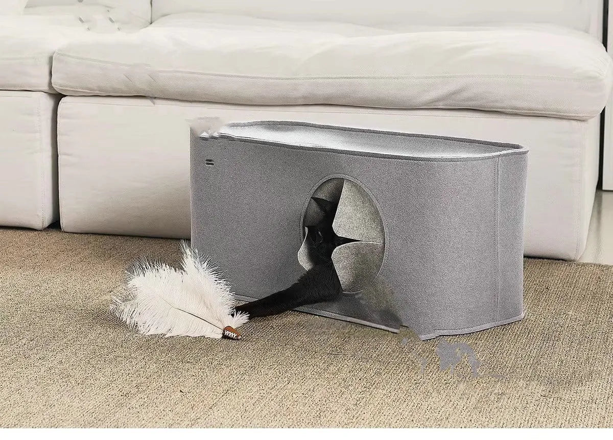Grey foldable felt cat nest pet bed shown next to khaki version.