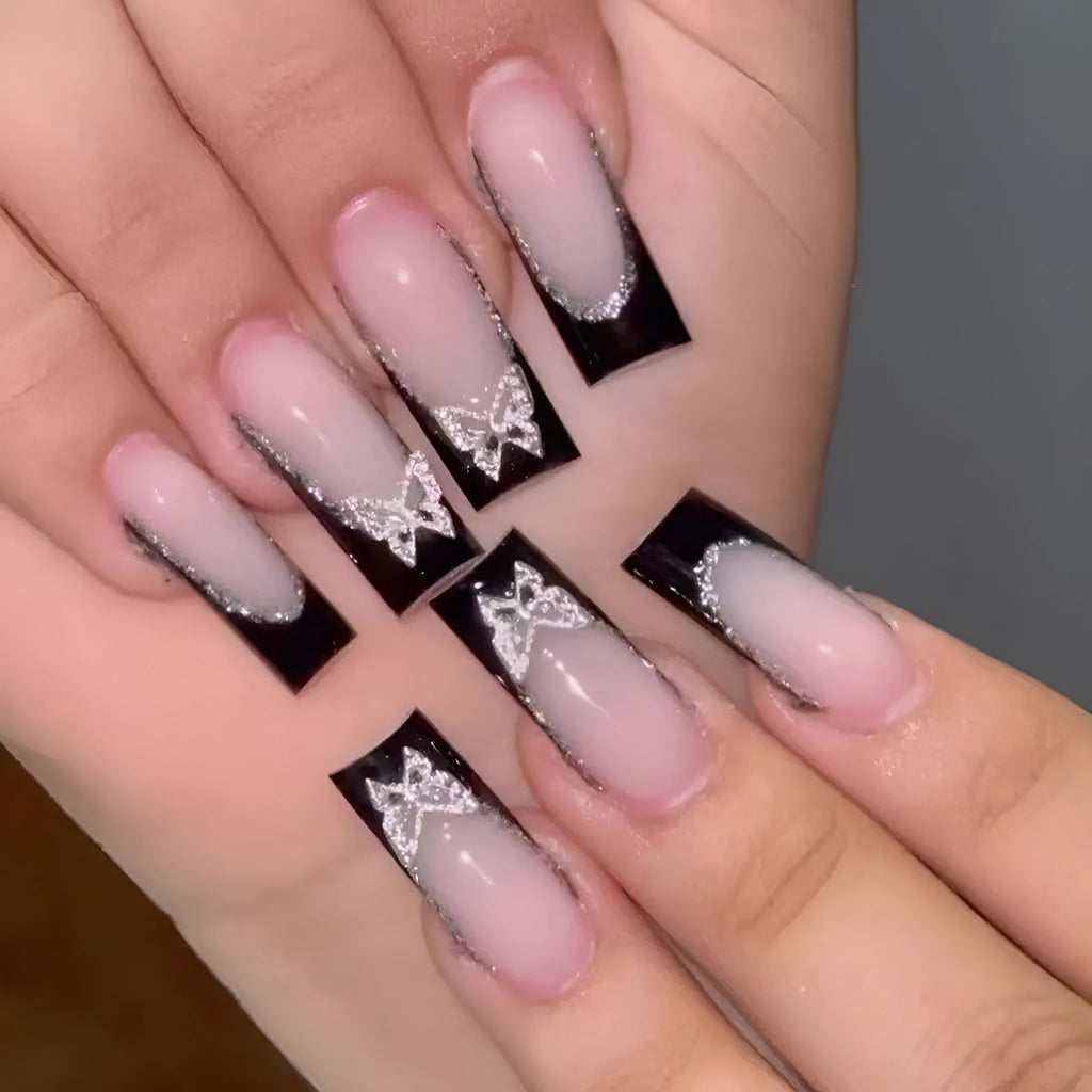 Black French style thin glittering butterfly pattern artificial nails with medium length wearable design