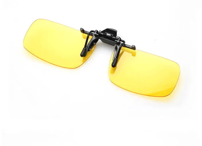 Plastic clip-on sunglasses attachment for prescription glasses, shown with dark green PC lens.