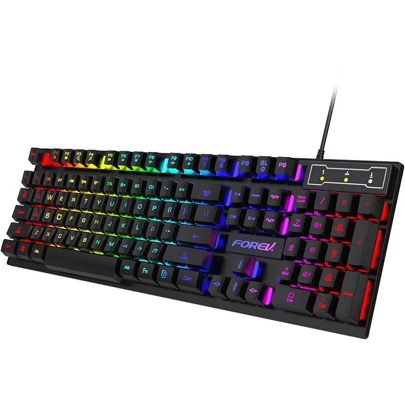 Black 104-key backlit gaming keyboard and mouse with compact 37.5cm width design