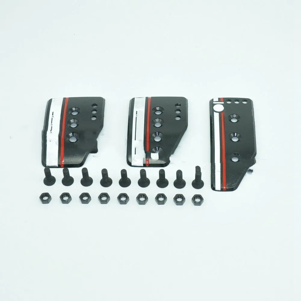 Aluminium alloy manual transmission pedal set showing accelerator, brake, and clutch pedals with screws and nuts