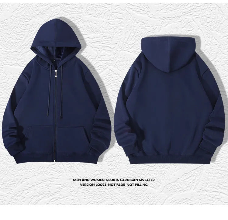 Men's beige loose-fit cotton zipper hoodie with front pockets, shown on a plus-size model.