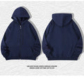 Men's beige loose-fit cotton zipper hoodie with front pockets, shown on a plus-size model.