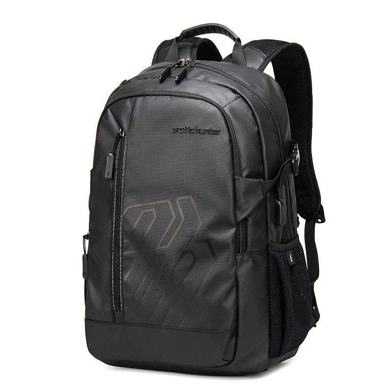 Casual plaid pattern computer backpack with a curved shoulder strap, shown in blue colour.