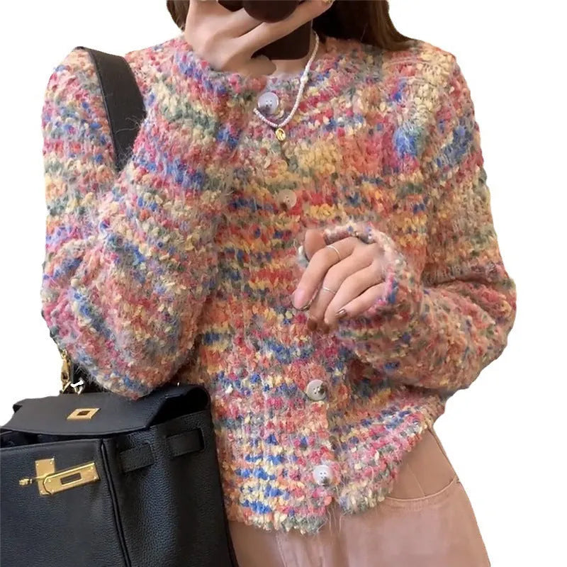 Pink or green acrylic knitted rainbow cardigan with regular sleeves and medium thickness