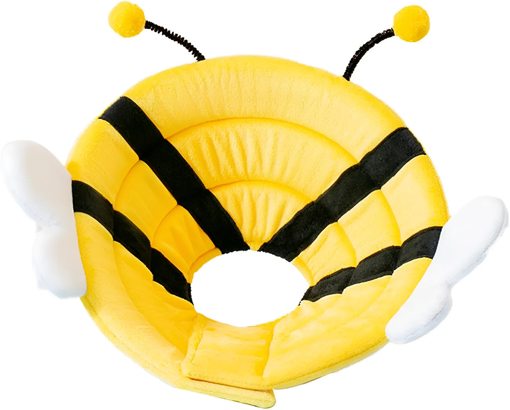 Soft white cat cone collar with black bee design and yellow wings, showing Velcro strap for adjustment.