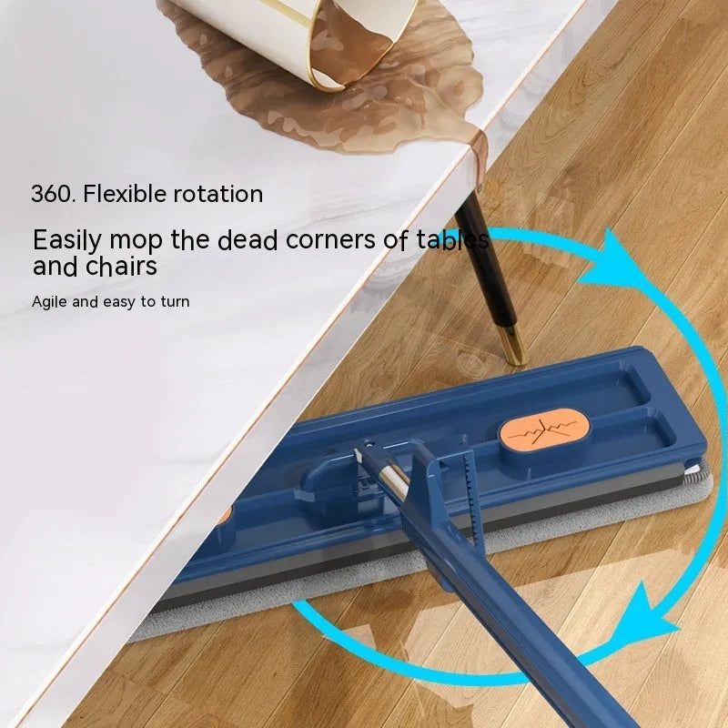 Large flat mop with blue rotating head and long stainless steel handle on a wooden floor