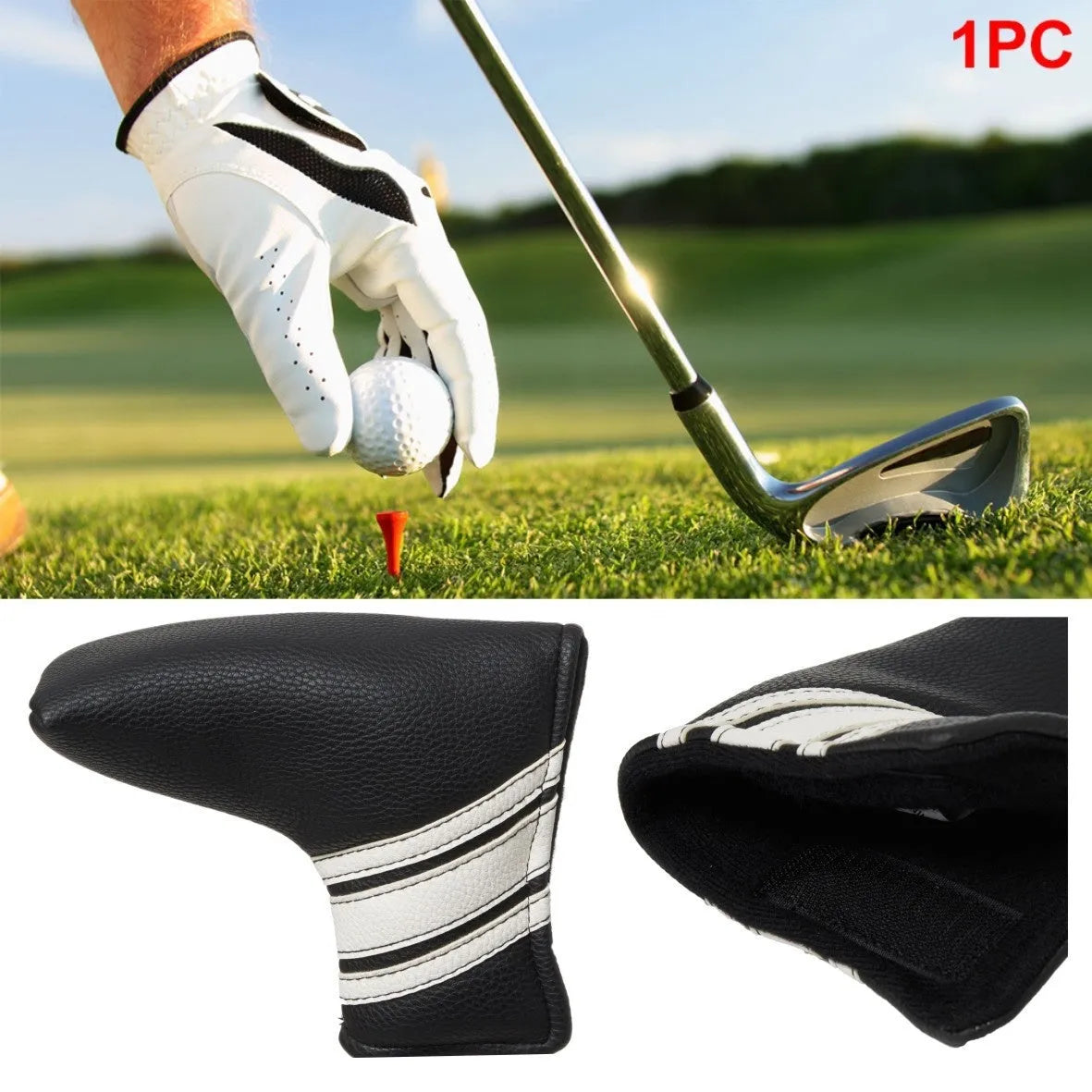 Black PU leather golf club head cover for putter and push rod protection