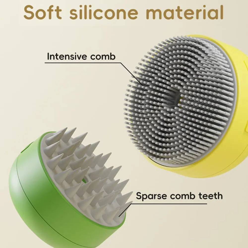 Green and yellow rechargeable silicone steam brush for grooming cats and dogs on a white background.