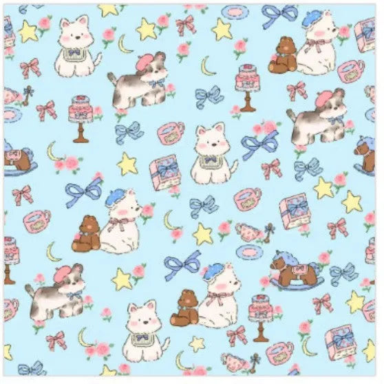 Blue Puppy cartoon print nylon cosmetic bag in medium size on a plain background.