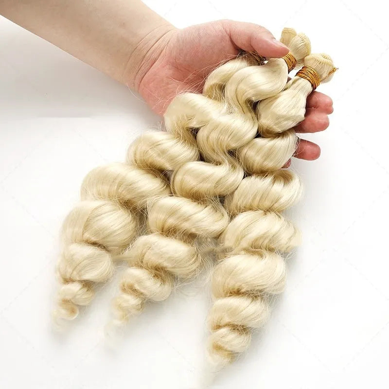 Golden women's synthetic wig with long hair weft, shown in 18, 20, and 22-inch length options.
