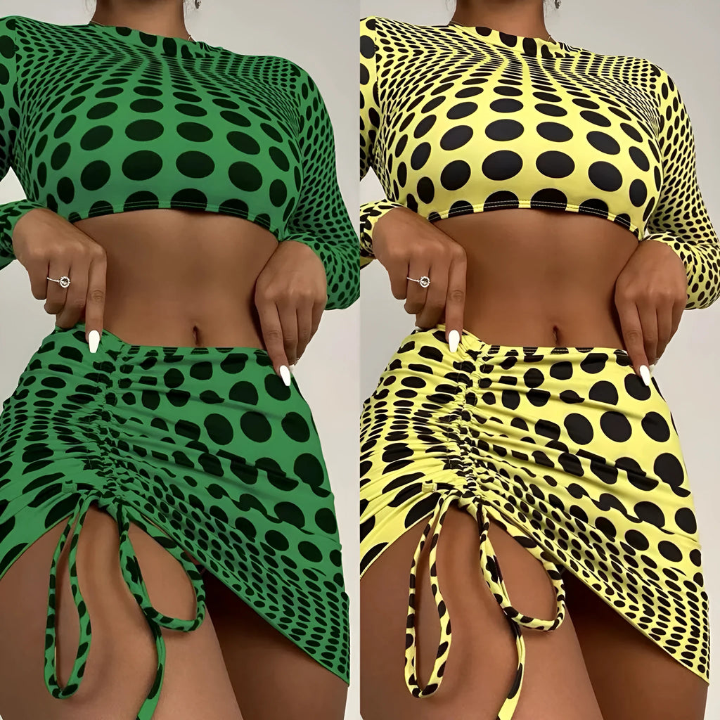 Women's green and yellow polka dot polyester swimsuit three-piece set showing top, skirt, and bra.