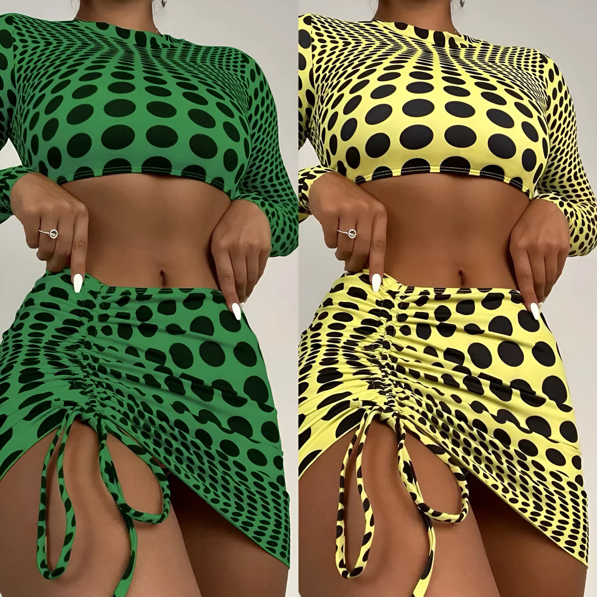Women's green and yellow polka dot polyester swimsuit three-piece set showing top, skirt, and bra.