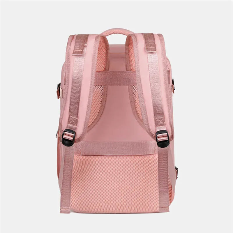 Large purple travel backpack with multiple compartments and air pillow belt system