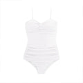 Women's black suspender style one-piece swimsuit with high waist design on mannequin