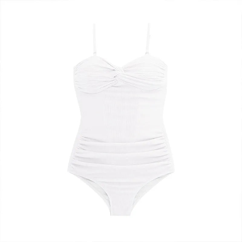 Women's black suspender style one-piece swimsuit with high waist design on mannequin