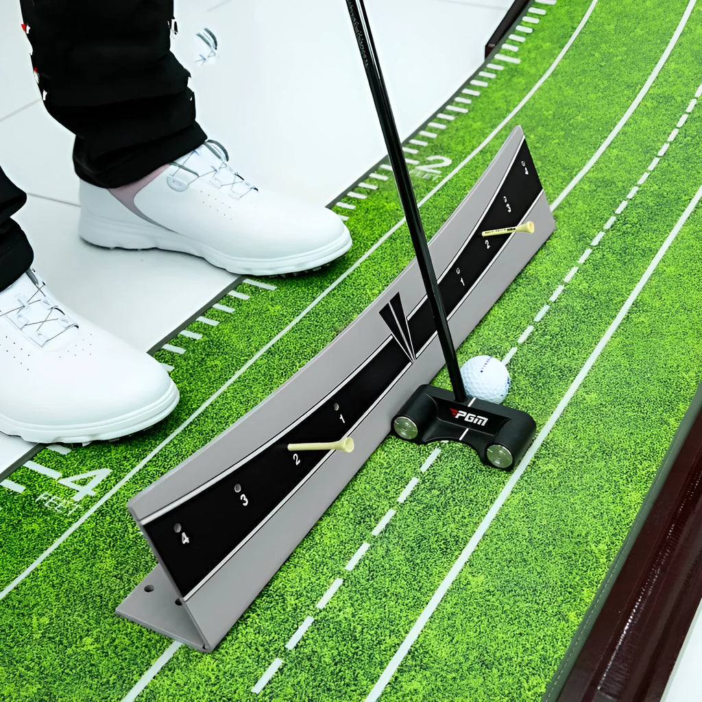 Golf putter trajectory balance simulator with adjustable push rod balancer on PVC frame