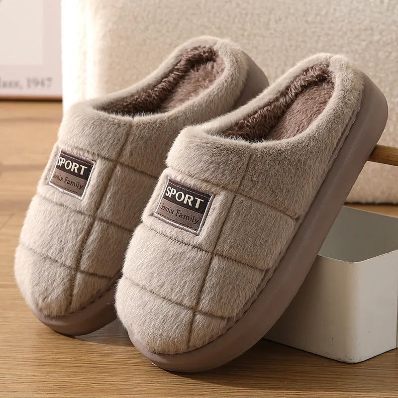 Men's grey and brown plaid rabbit hair winter slippers with wool lining