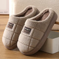 Men's grey and brown plaid rabbit hair winter slippers with wool lining