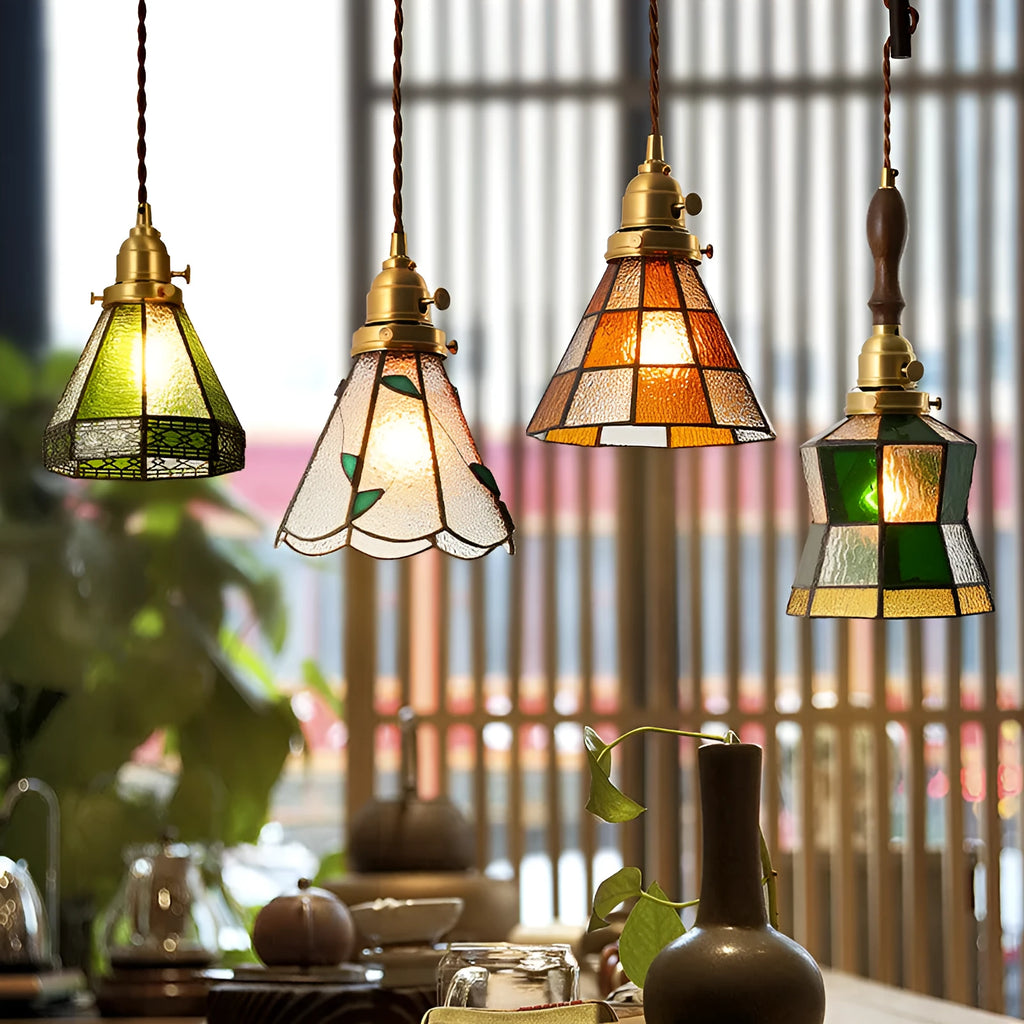 Japanese retro brass and glass ceiling chandelier with walnut wood and long hemp rope pendant cord.