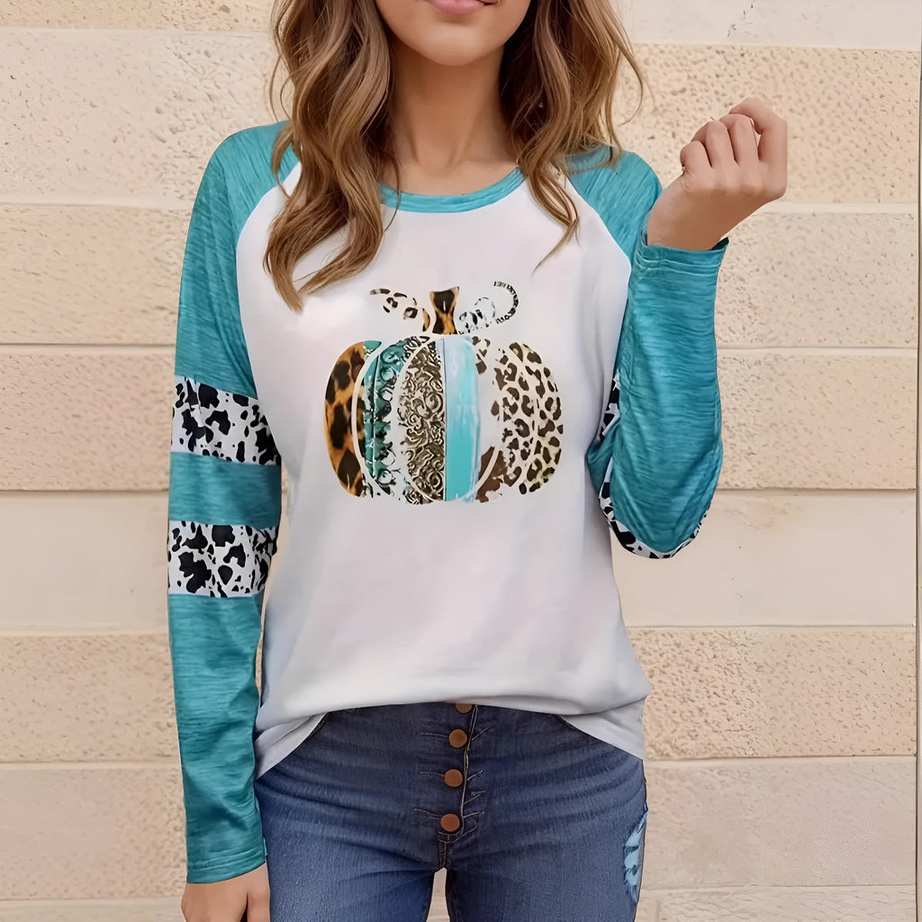 Sky blue Halloween t-shirt with 3D pumpkin print, long sleeves, regular fit
