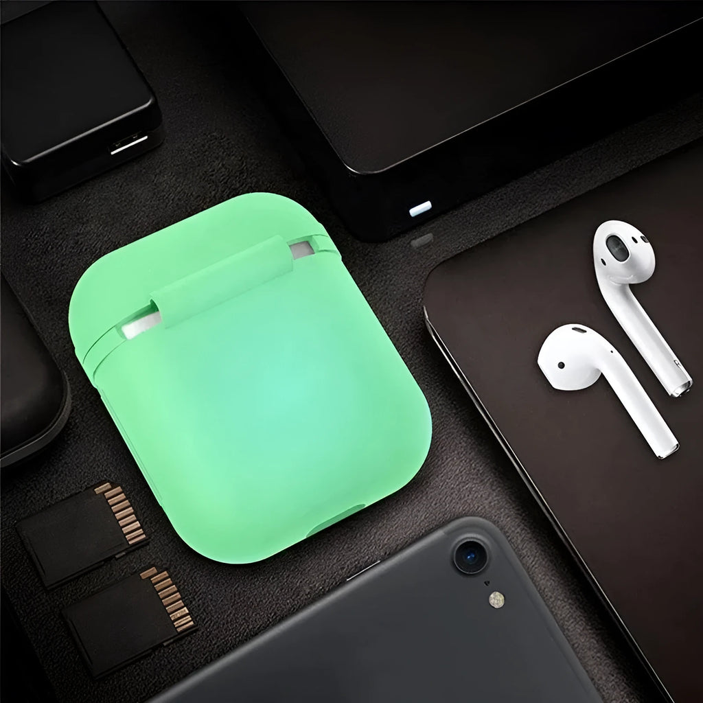 Luminous silicone flip case for AirPods wireless earphones showing open and closed positions